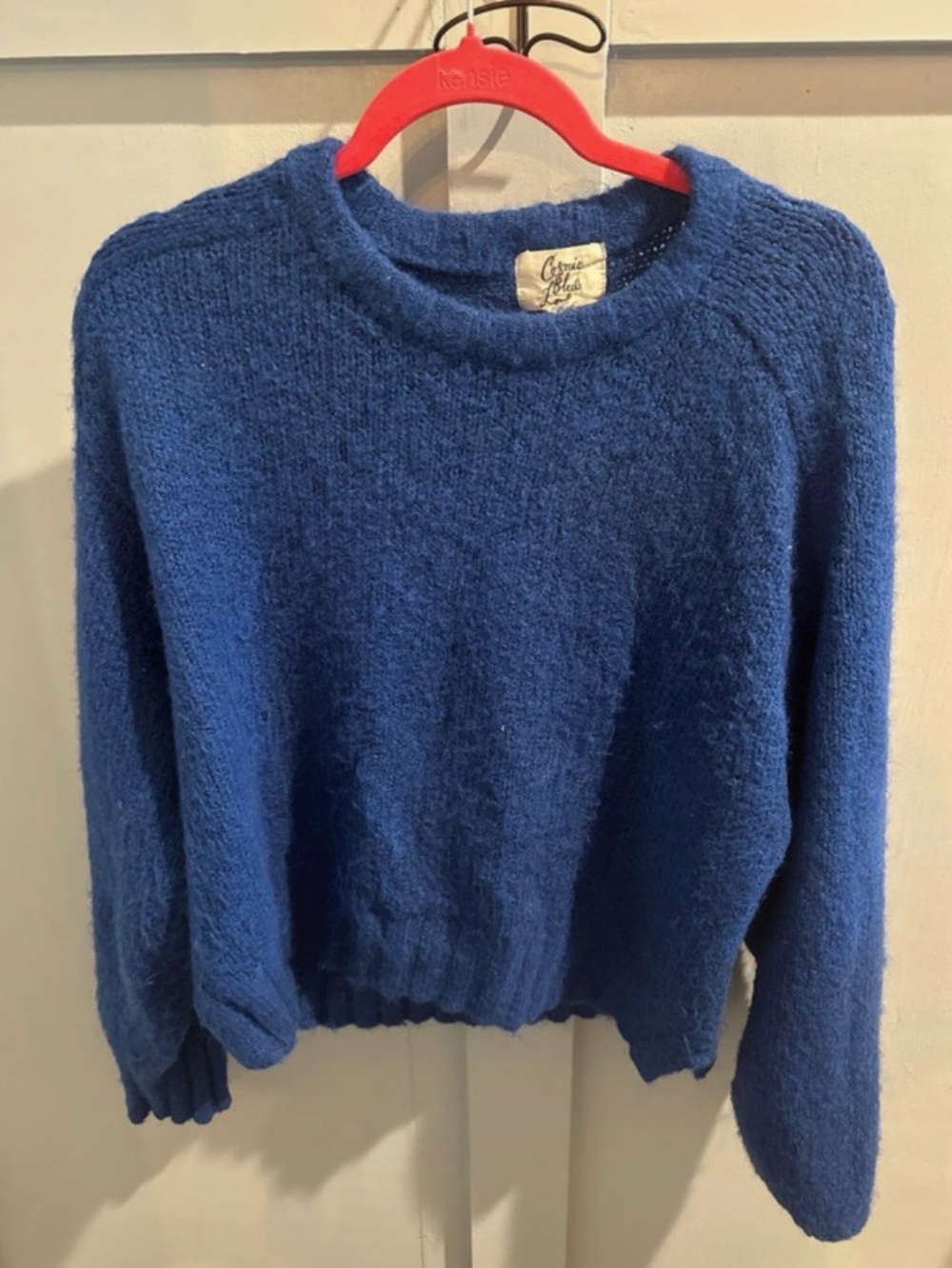 Cosmic Blue Love Sweater Womens L Cobalt Crewneck Pullover Soft Fuzzy Knit Crop